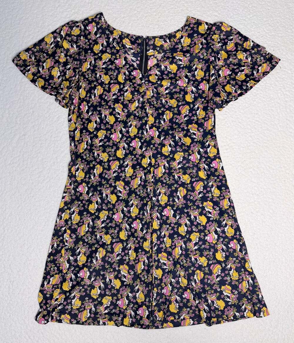 Handmade Flower Face Mini Dress Zip Back Flutter Sleeve- One Of A Kind